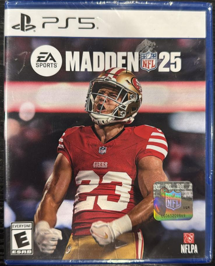 PlayStation 5 game case for 'Madden NFL 25' featuring a football player in a red jersey.