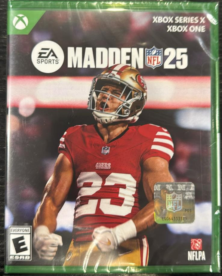 Madden NFL 25 video game case for Xbox Series X and Xbox One with a player in a red jersey on the cover.