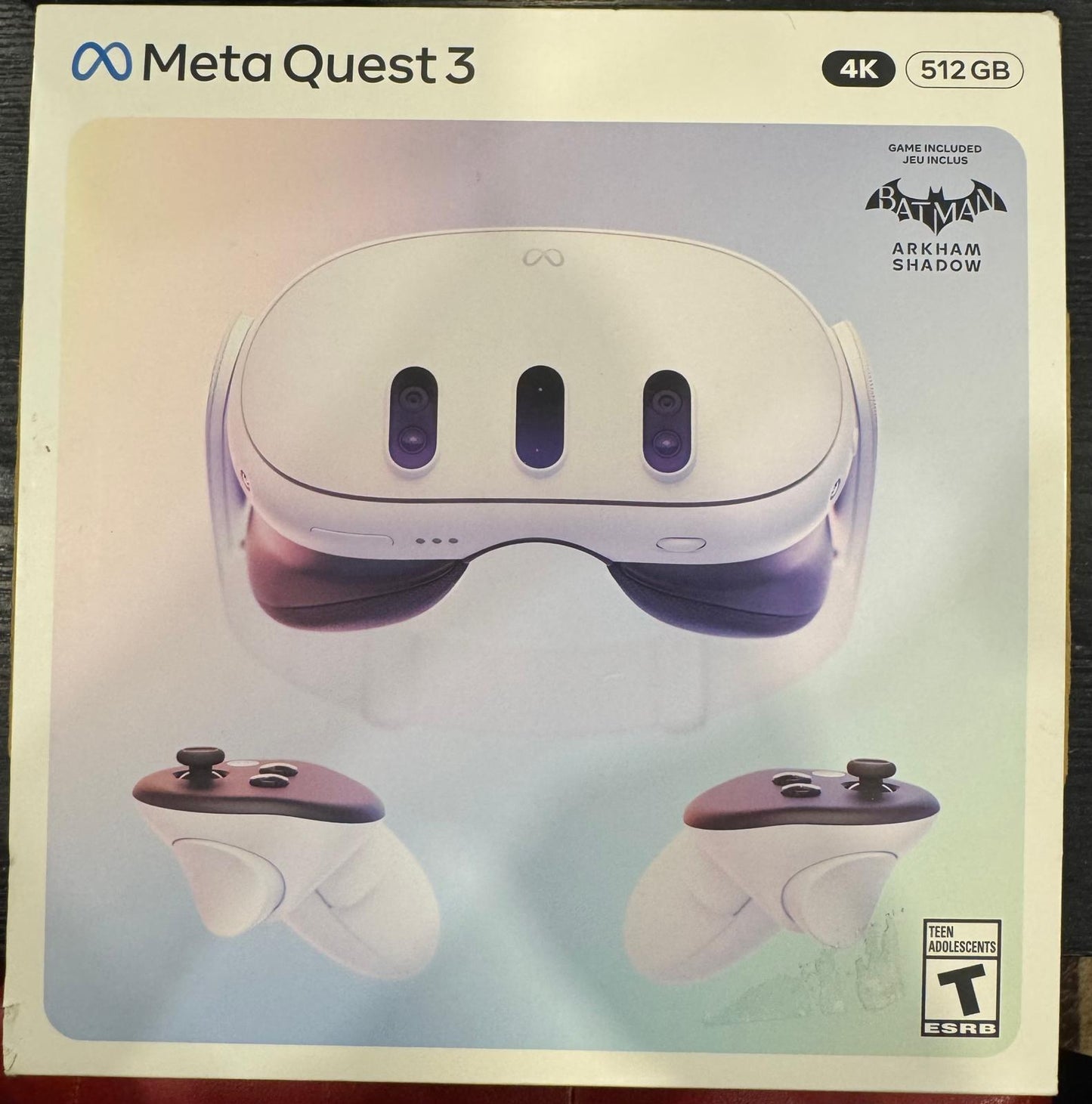 Meta Quest 3 packaging with VR headset and controllers on a light background