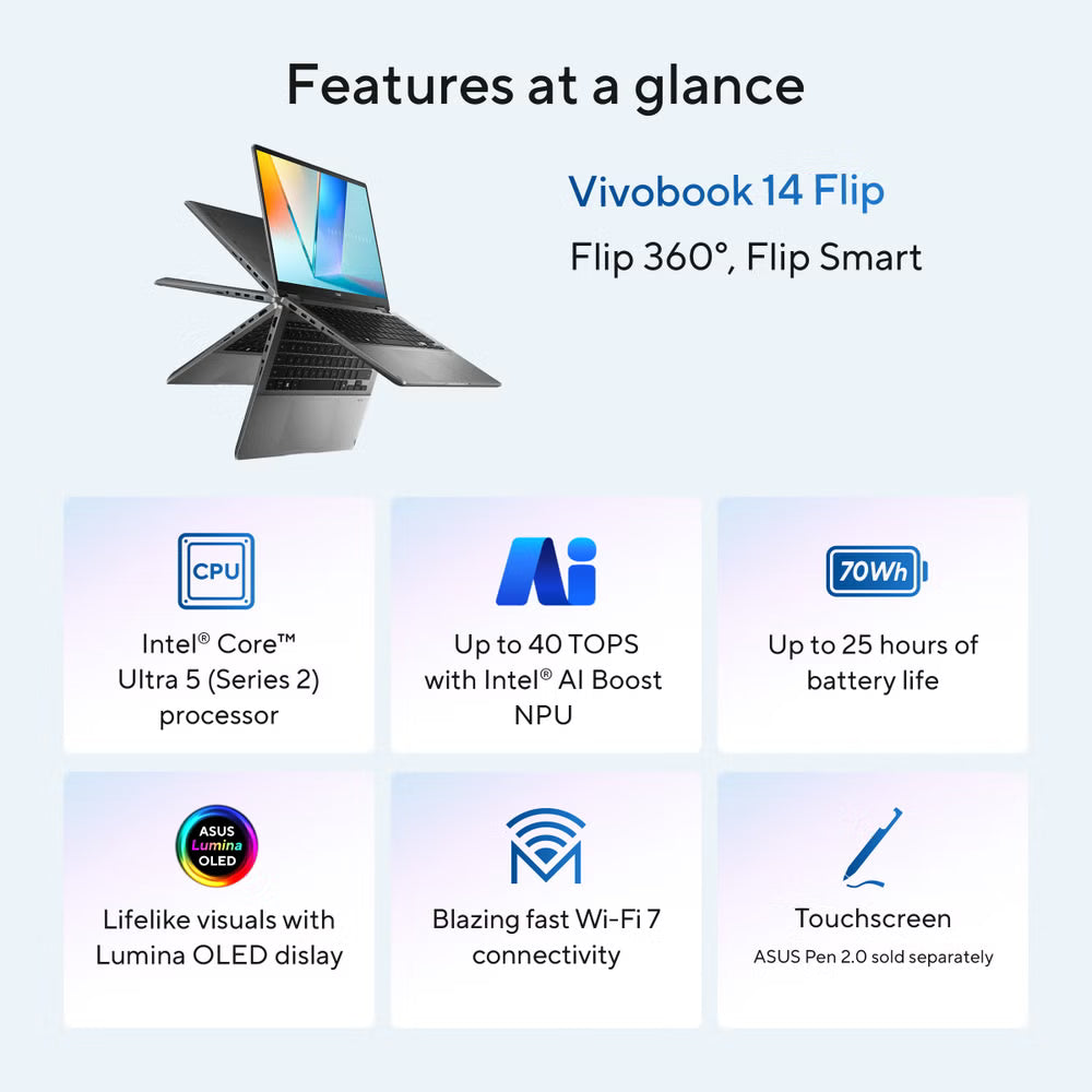 ASUS Vivobook Flip 14” OLED Touch Copilot+ PC (Ultra 7 256V, 16GB, 1TB)
