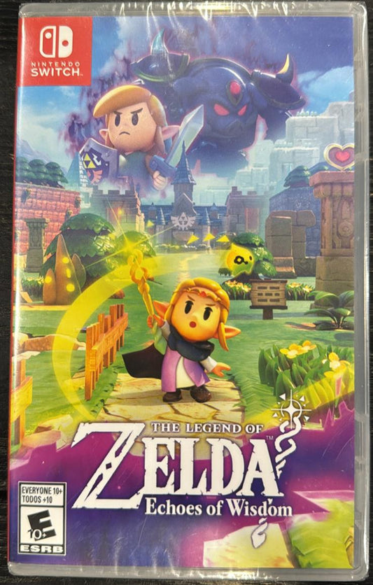 Game case for 'The Legend of Zelda: Echoes of Wisdom' on Nintendo Switch with colorful graphics and character images.