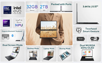 ASUS Zenbook DUO 14" Dual OLED Touch Laptop (Intel Core Ultra 9 285H, 32GB, 2TB, Wi-Fi 7)